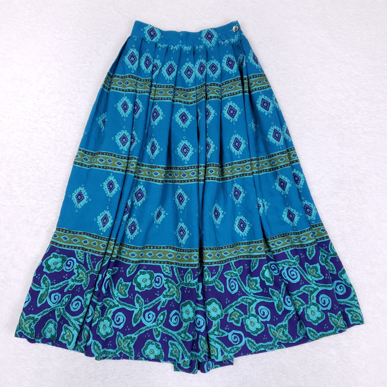 Vintage Liz Claiborne Teal Purple Boho Floral Pleated Rayon Midi Skirt 4